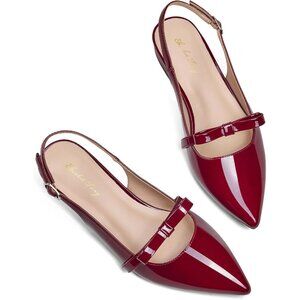 Women Wine Red Polyurethane (PU) Rhinestone Pointed Toe Slingback Flats Shoes